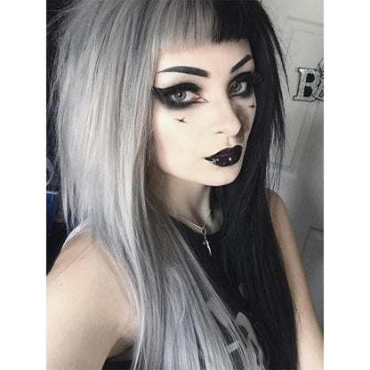 Half Grey Half Black Long Straight Wig With Bangs