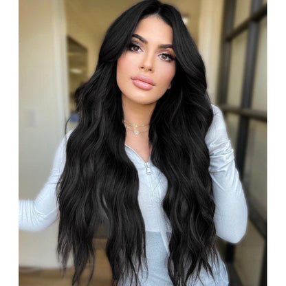 Long Black Curly Wavy Middle Part Wig