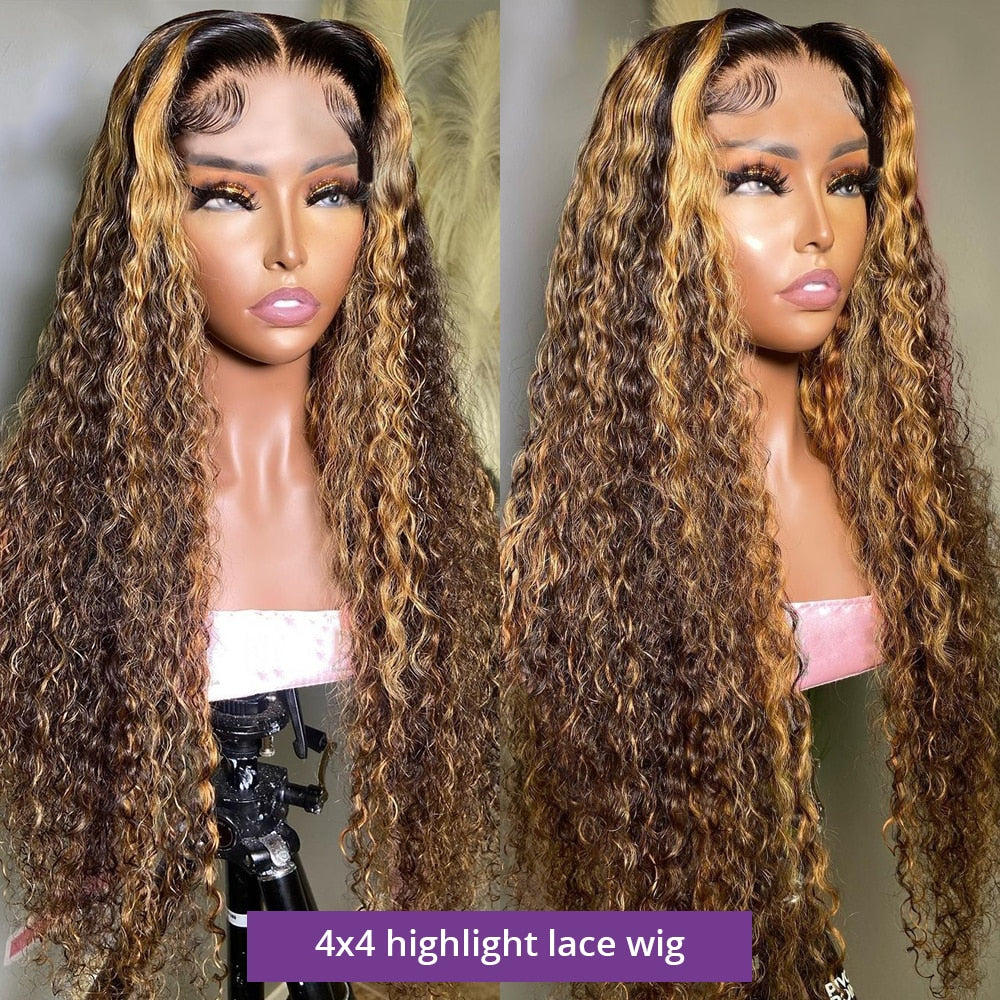 Ombre Lace Front Wigs Human Hair Highlight 13x4 HD Transparent Deep Curly Lace Front Wig Human Hair for Women 180% density Honey Blonde 4/27 Deep Frontal Wig Pre Plucked with Baby Hair 