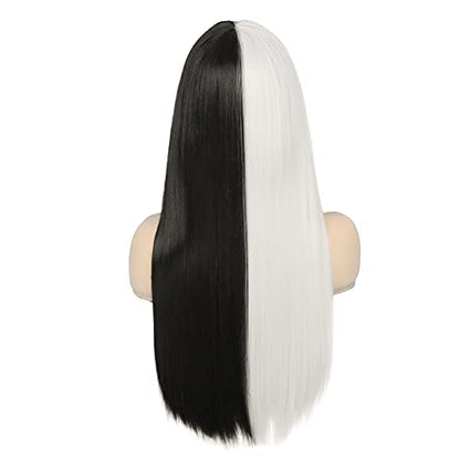 Long Straight Half White Half Black Wigs