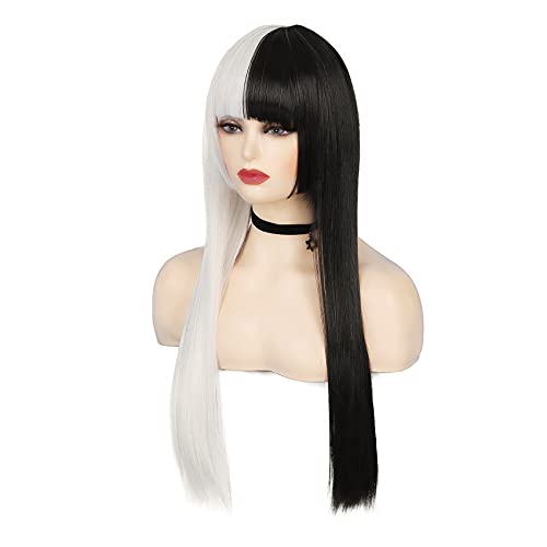 Long Straight Half White Half Black Wigs