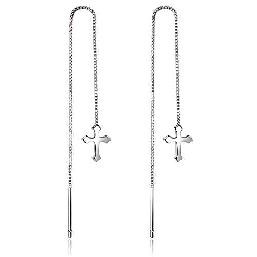 925 Sterling Silver Ear Line Cross Threader Drop Earrings