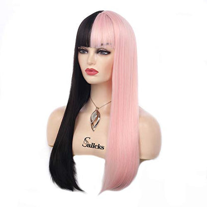 Long Straight Half Black Half Pink Wig
