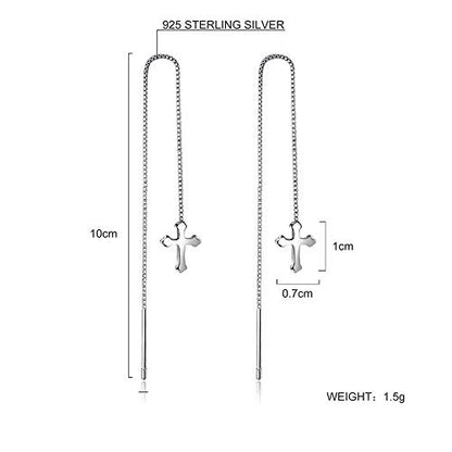 925 Sterling Silver Ear Line Cross Threader Drop Earrings