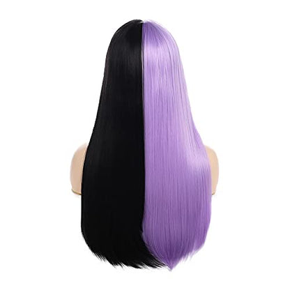 Long Straight with Bangs Half Black Half Purple Wig