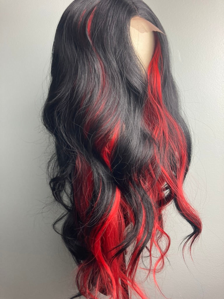 Black Wig With Red Highlight Full Lace Wig