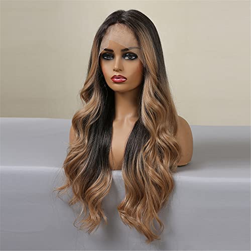 Brown to Blonde,Long Curly wig,Long Ombre Blonde Lace Front Wigs ,Brown to Blonde Natural Wavy Middle Parting Synthetic Wigs Lace Wigs