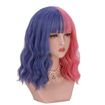 Short Bob Half Pink Half Blue Wigs For Women DragQueen