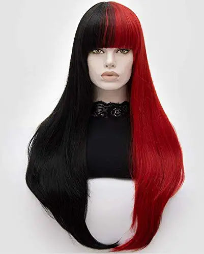 Half Red Half Black Split Dye Hair Wig with Bangs