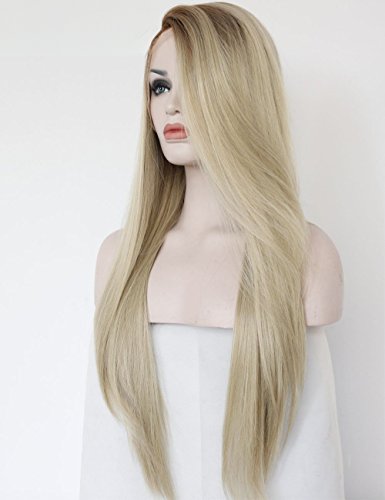 Straight Side Part Ombre Blonde -With Brown Roots Lace Front Wig