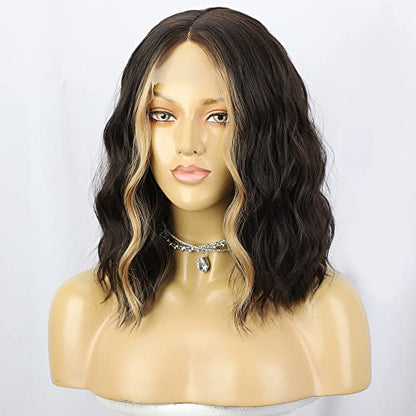 Short Wavy Brown Mixed Blonde Bob Lace Front Wigs
