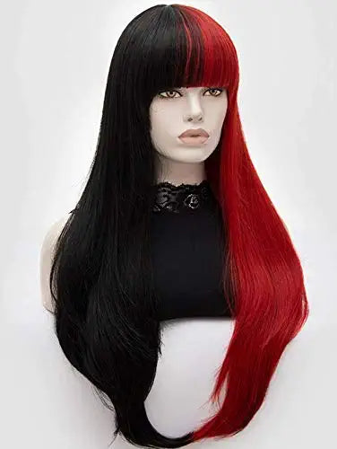 Half Red Half Black Split Dye Hair Wig with Bangs