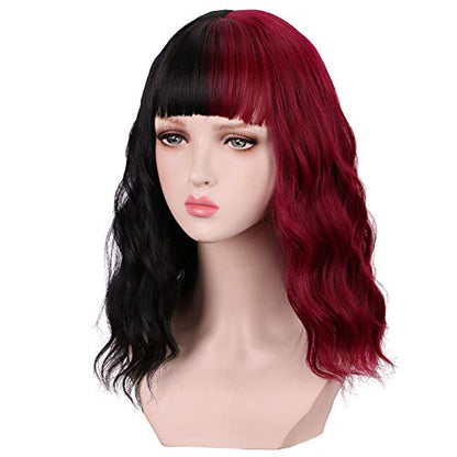 Half Black Half Red Curly Wig With Bangs