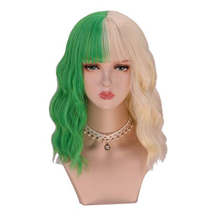 Half Blonde Half Green Wig With Bangs