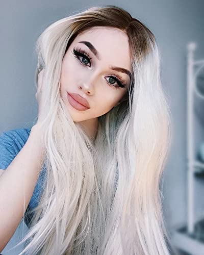 Long Silk Straight Platinum Ombre Blonde Lace Front Wig