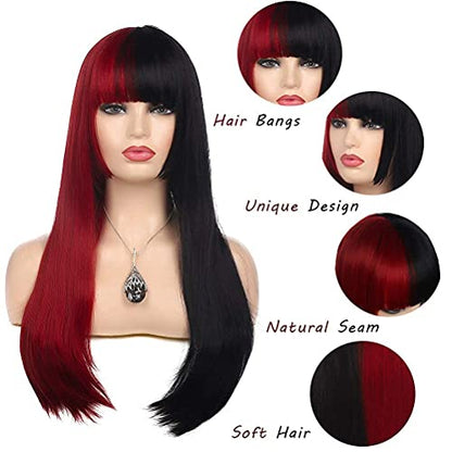 Long Straight Black and Red Costume Wig