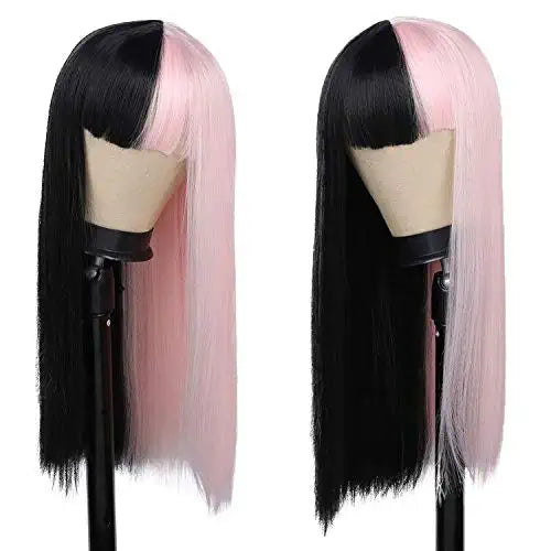 Long Straight Hair with Bangs Half Pink and Black