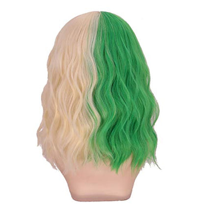 Half Blonde Half Green Wig With Bangs