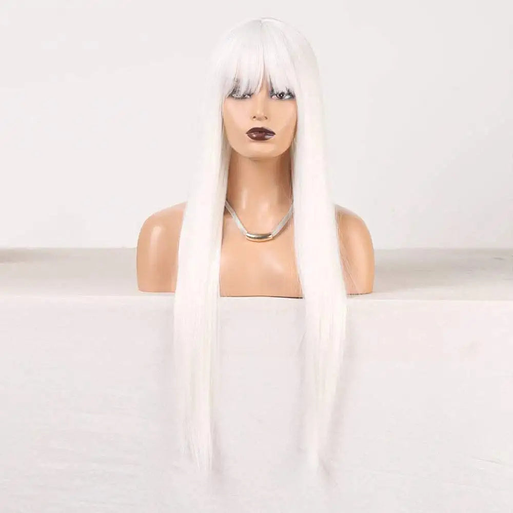 White Long Straight Hair Wigs with Bangs