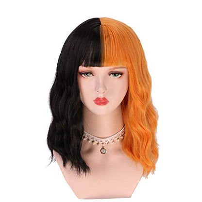 Half Black Half Orange Bob Curly Wig With Bangs