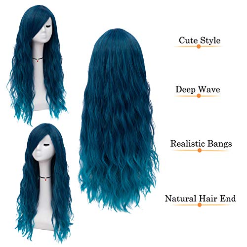 Long Curly Wavy Blue Hair Wig With Side Bangs\