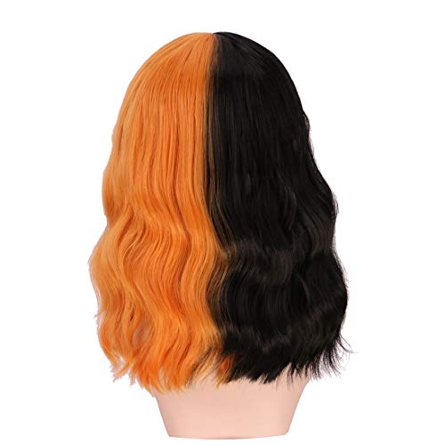 Half Black Half Orange Bob Curly Wig With Bangs
