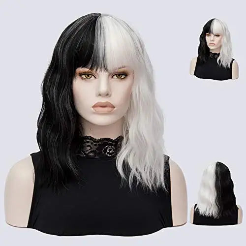 Split Dye Black White Cruella Devil Hair Wig with Bang