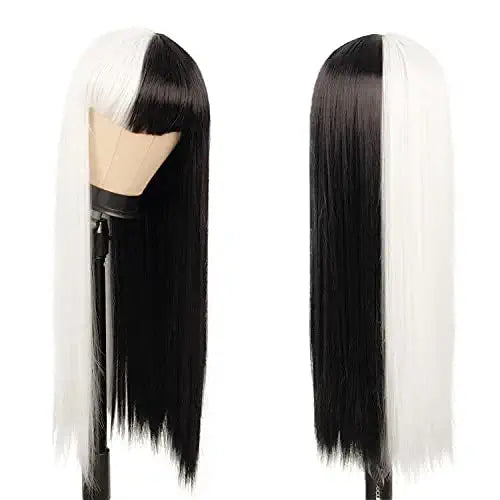 Half White Half Black Split Dye Cosplay Hair Wigs With Bangs