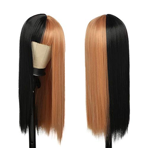 Split Dye Cosplay Wigs-Long Straight Hair with Bangs half blonde half black