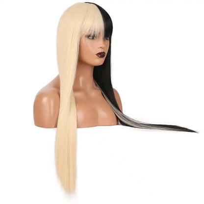 Half Black Half Blonde Hair Wigs with Bangs