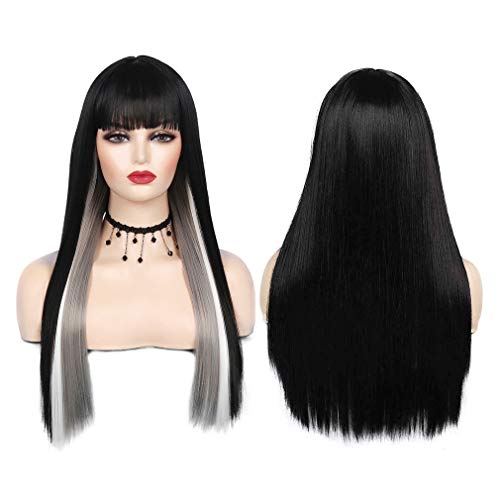 Long Straight Half Color Half Black Wigs With Bangs