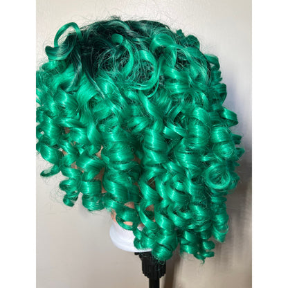 Short Bob Afro Curly Black and Green Wig With Bangs