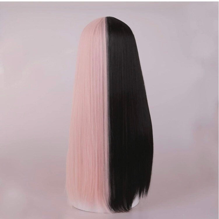 SPILT DYE Half Black Half Pink Long Straight Wigs