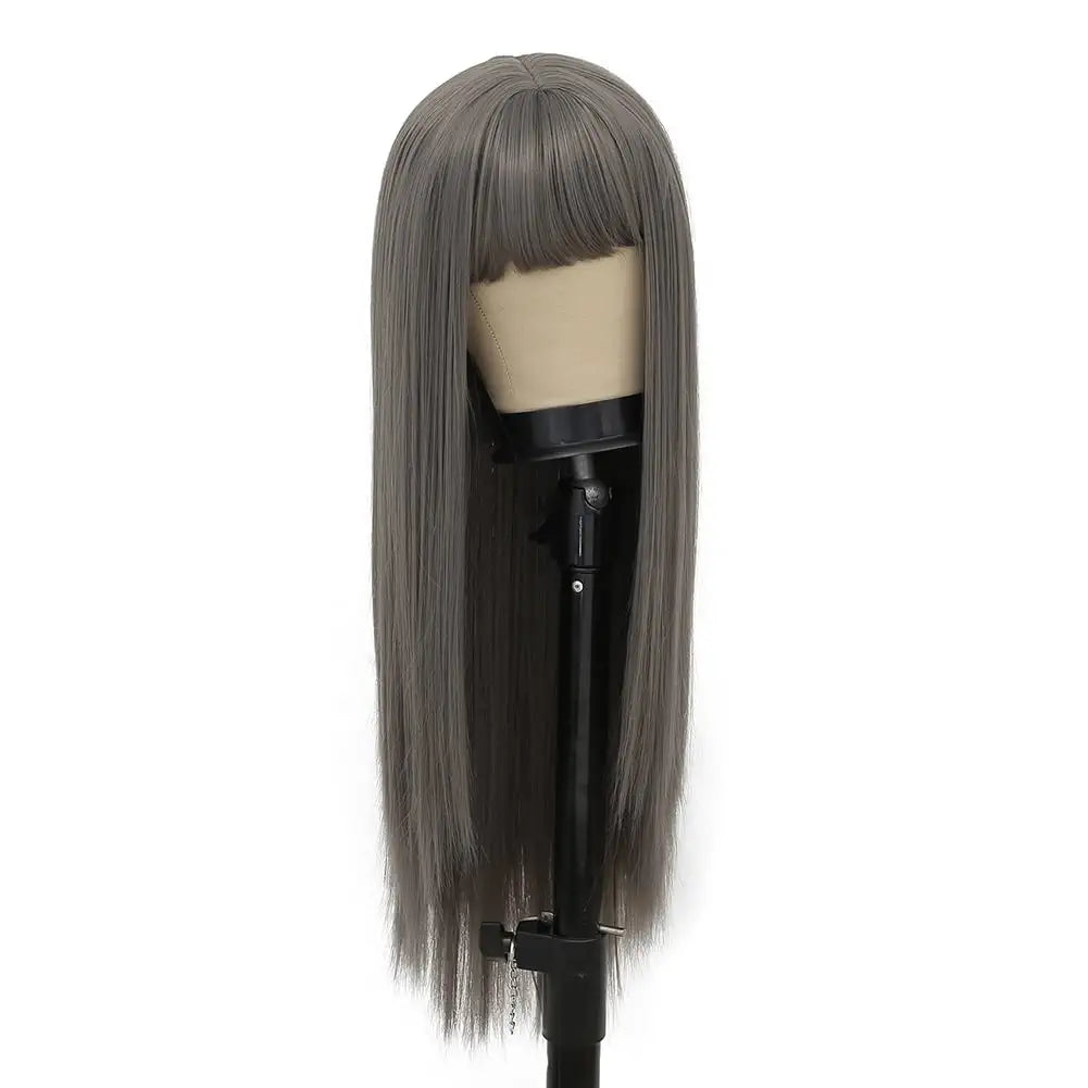 Grey Long Straight Hair Wig with Bangs