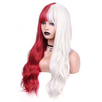 Split Dye White Red Wavy Wigs With Bangs -Women DragQueen Hair