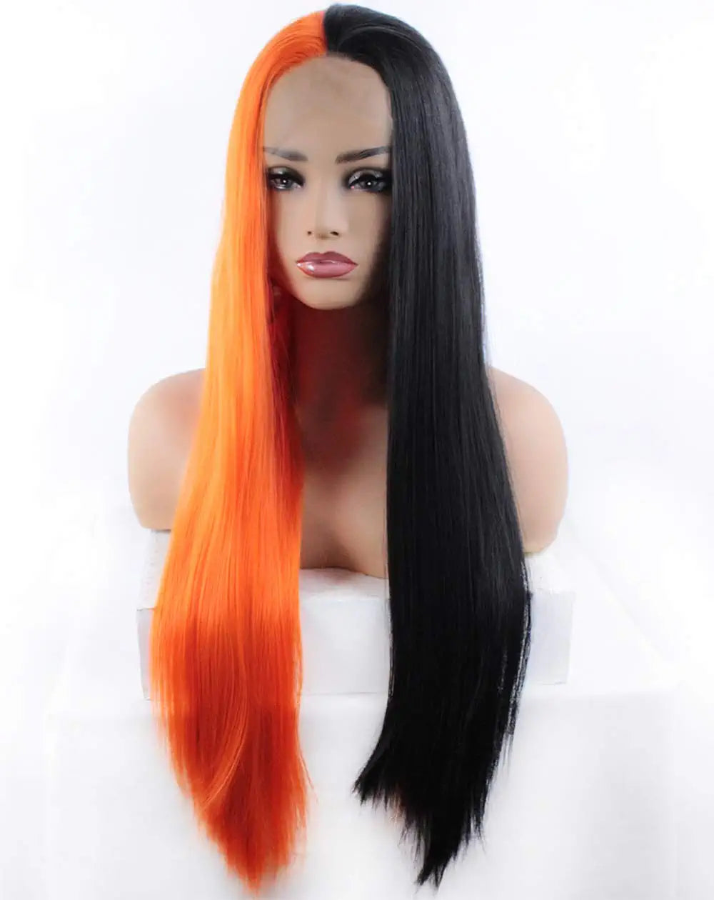 Half Black Half Orange Long Straight Lace Front  Wig