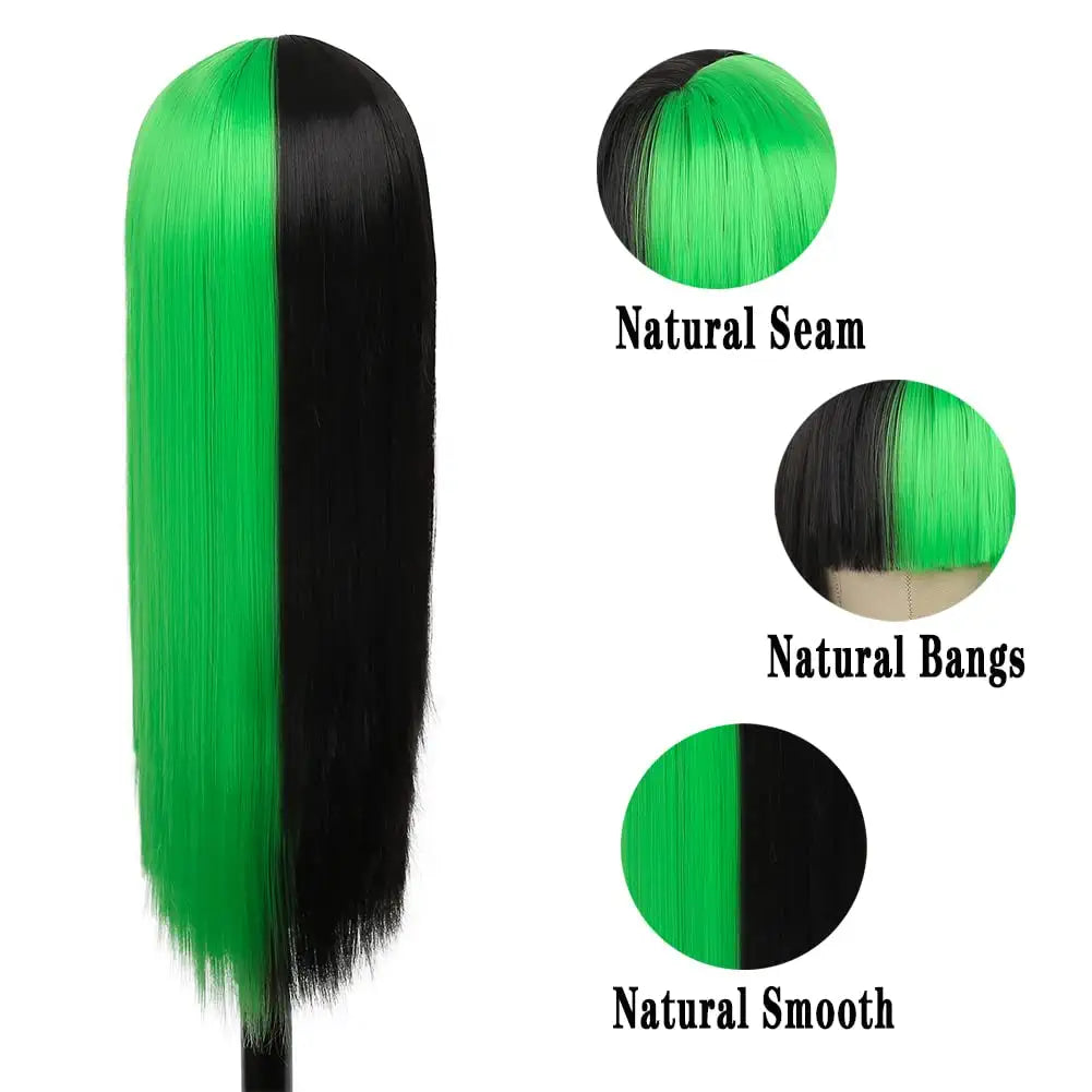Half Black Half Neon Green Hair Wigs with Bangs