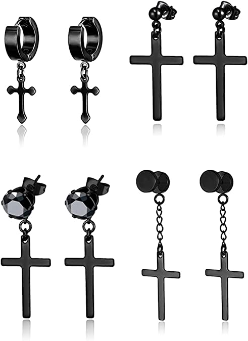 Black Stainless Steel Cross Dangle Earrings