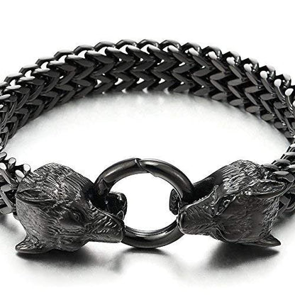 Black Punk GothicSteel Link Curb Bracelet | Bikers Wolf Head Jewelry