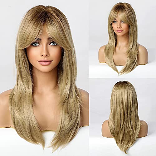 Long Dark Rooted Blonde Wigs | 24 Inches