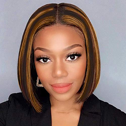 Short Straight Bob Highlights T Lace Front Wigs