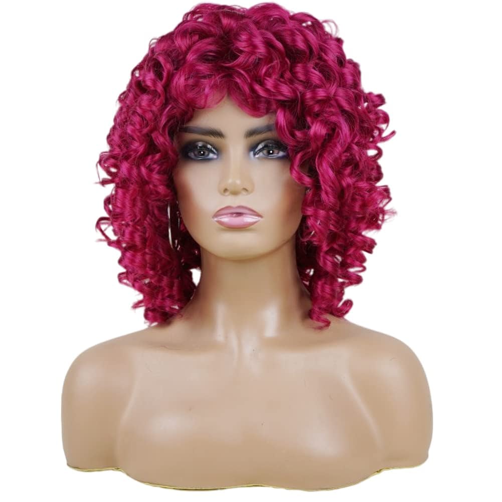 Short Curly Wigs Color: Hot Pink,Short Afro Curly Wig with Bangs Heat Resistant Synthetic Fiber Hair Wigs for African American Black Women（Hot Pink）Short Afro Curly Wig with Bangs Heat Resistant Synthetic Fiber Hair Wigs for African American Black Women（Hot Pink）
