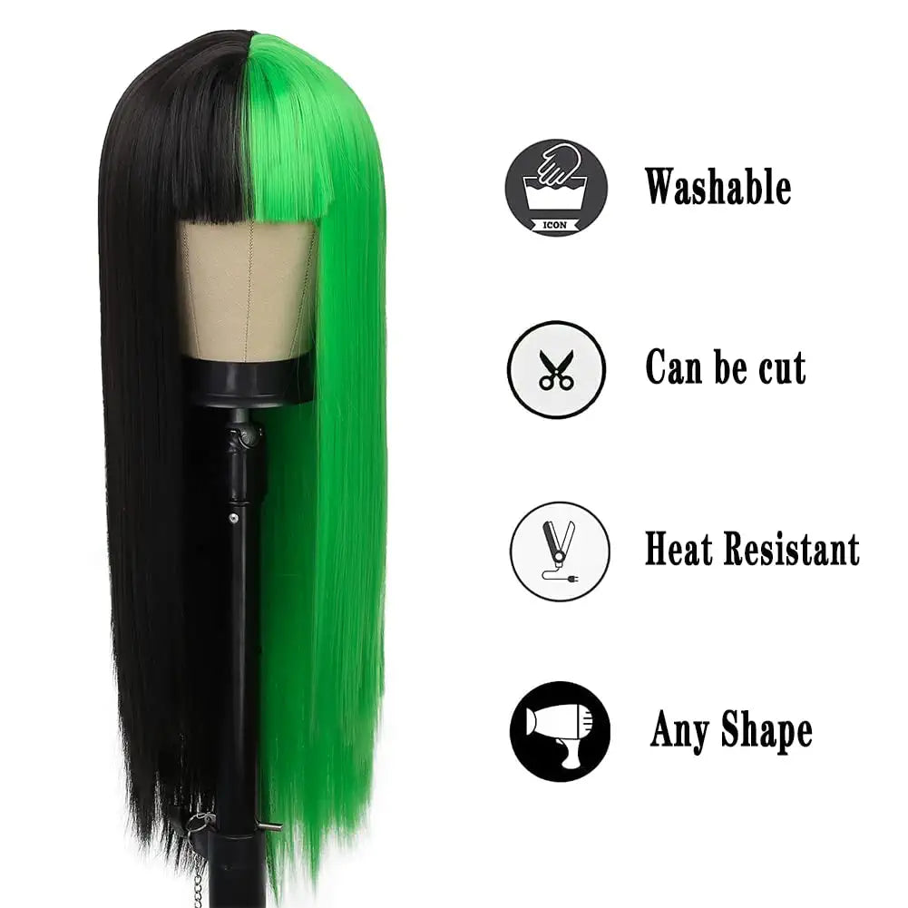 Half Black Half Neon Green Hair Wigs with Bangs