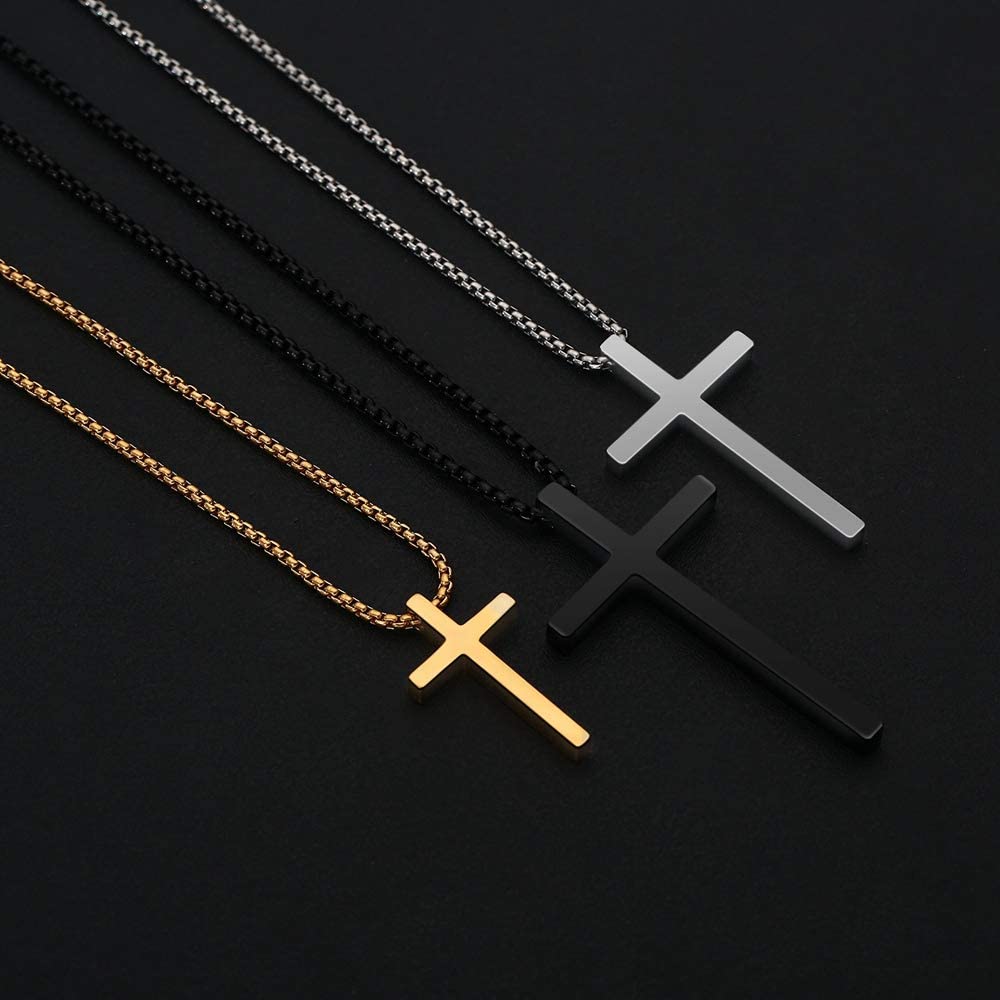Silver Black Gold Stainless Steel Plain Cross Pendant Necklace for Men Box Chain 