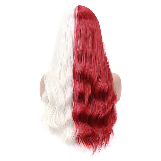 Split Dye White Red Wavy Wigs With Bangs -Women DragQueen Hair