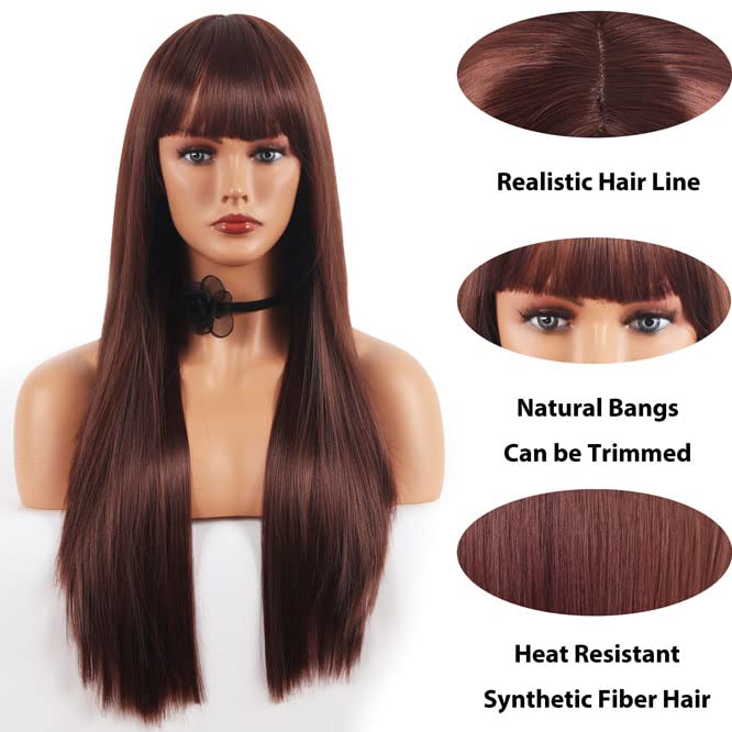  Long Straight Brown Wig with Bangs, Dark Brown Wig for Women