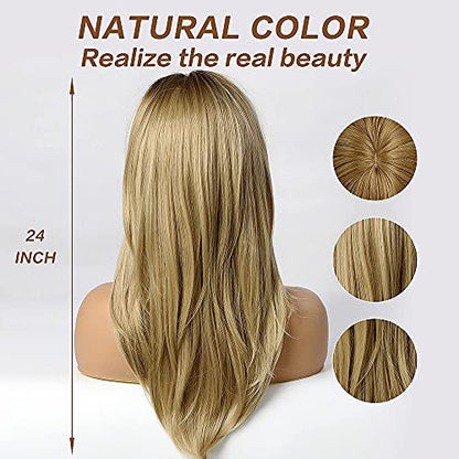 Long Dark Rooted Blonde Wigs | 24 Inches