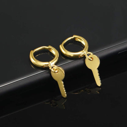Gold Huggie Small Hoop Key Earrings