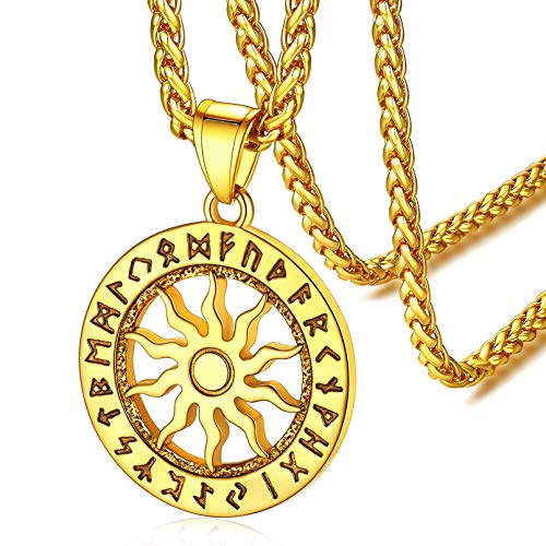 Viking Runes Sun Pendant Necklace | Gold Plated Vintage Swirl