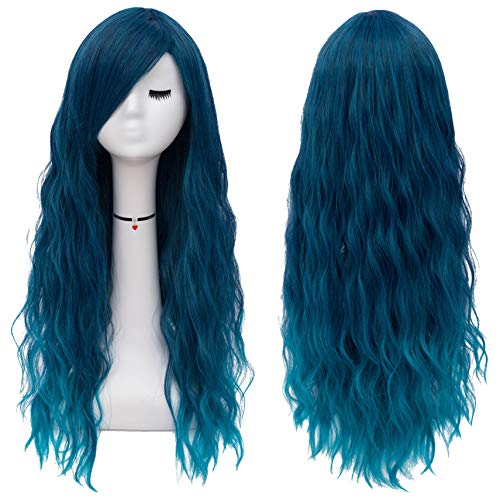 Long Curly Wavy Blue Hair Wig With Side Bangs\